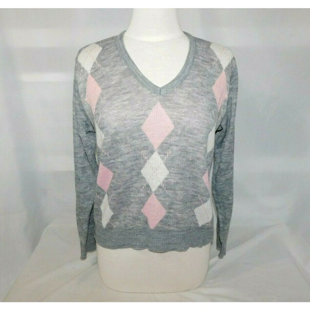 Vintage 80s Retro Gray Pink Argyle Preppy V Neck knit Sweater Slazenger Womens M